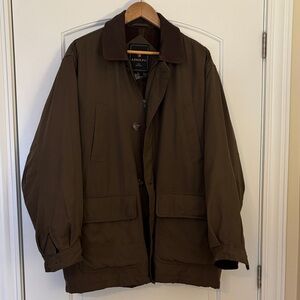 Adolfo Men's Brown Military Utility Field Jacket Barn Coat Leather Trim L EUC